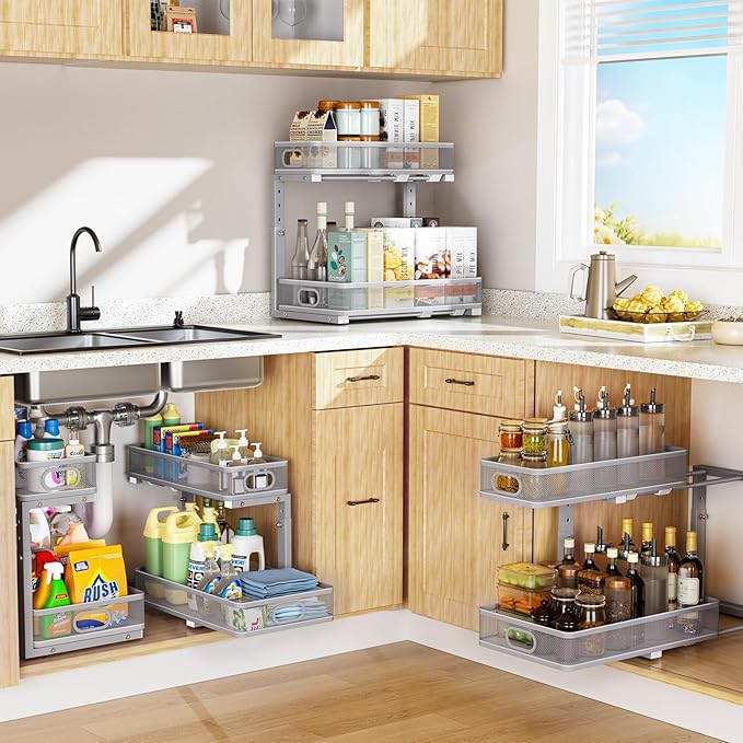 Under Sink Organizer, Height Adjustable 2 Tier Under Sink Organizers and Storage, Slide Out Metal Cabinet Organizers, Pull Out Sink Storage Drawer Shelf for Kitchen Bathroom Cabinet, Grey, 2 Pack