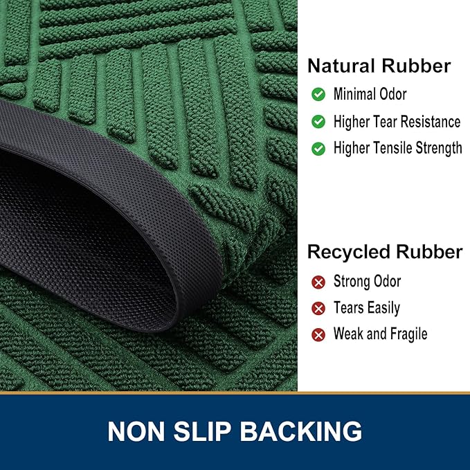 Smiry Front Door Mat Outside Entrance, Heavy Duty Outdoor Indoor Natural Rubber Doormat, Non Slip, Trap Dirt and Moisture, Easy Clean, Low Profile Patio Porch Entryway Mat, 47x32, Green