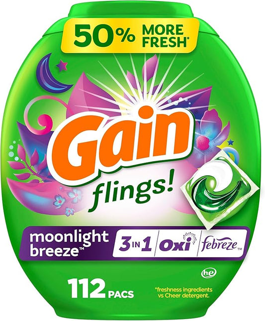 Gain Flings Laundry Detergent Pacs, 112 Count, Moonlight Breeze Scent, 3 in 1 HE Detergent Pacs with Oxi Boost and Febreeze