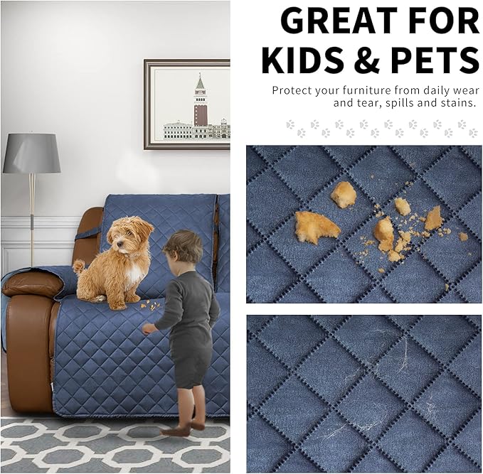Easy-Going Loveseat Recliner Cover, Reversible Couch Cover for Double Recliner, Split Sofa Cover for Each Seat, Furniture Protector with Elastic Straps for Kids, Dogs(2 Seater, Dark Blue/Light Blue)