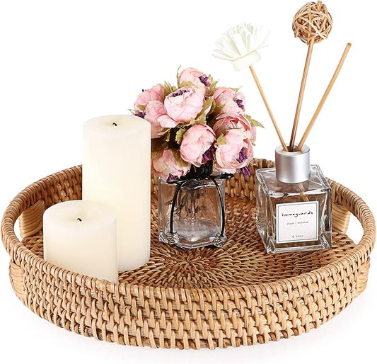 Hipiwe 10" Round Rattan Serving Tray with Handles, Hand-Woven Decorative Organizer Tray for Storage Breakfast Drinks Snack, Centerpiece Fruit Basket for Home Decoration, Small