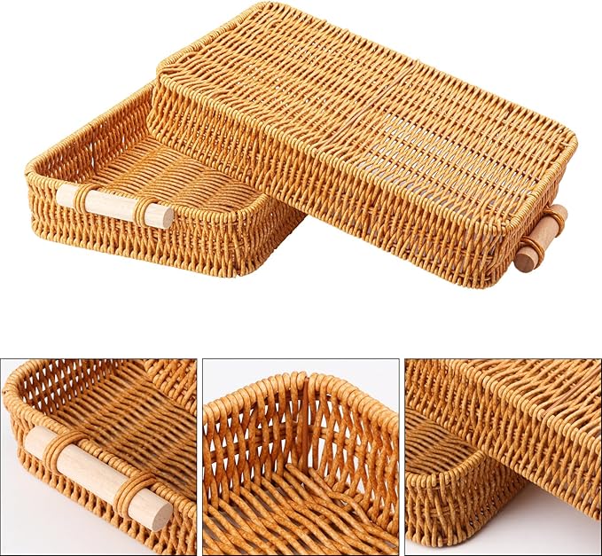 5 Pack 11.8 x 7.8 inch Rectangle Rattan Tray, Rectangle Woven Serving Basket with Handles, Storage Rattan Serving Trays for Home, Restaurant & Hotel Use, Durable & Easy-Cleaning