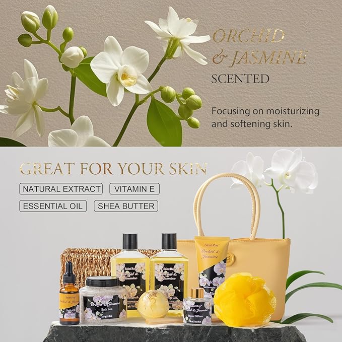 15Pcs Spa Kit Gifts for Women - Luxury Bath and Body Spa Gift Basket for Women with Purse Cute Handbag | Relaxing Care Kit Orchid Jasmine Mothers Day Gifts for Mom Gift Baskets for Anniversary