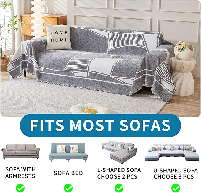 HAOMAIJIA Non Slip Couch Cover Sofa Covers for 2 Cushion Couch Washable sectional Couch Covers for Dogs pet Furniture Protector Couch Cover Blanket for Living Room (Grey-Cream, 71"x118")