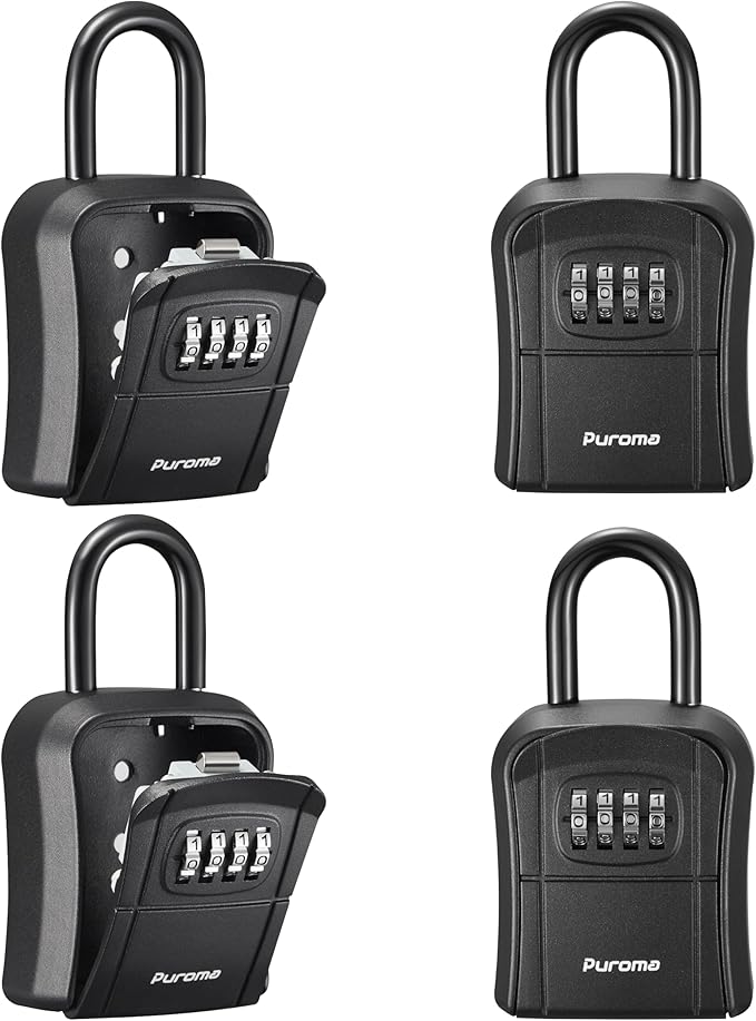 Puroma Key Lock Box, Portable Combination Lockbox Wall-Mounted Storage for House Keys, Resettable Code Safe Security Lock Box for Home, Office, Apartment Spare Key Storage (4 Pack, Pure Black)