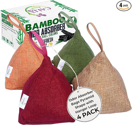 4 Pack Bamboo Charcoal Air Purifier Bags 200 Grams Each - Activated Charcoal Odor Absorber for Car, Pets & Closet - Natural Freshener for Home, Eco-Friendly & Reusable Charcoal Bags (Fall Colors)