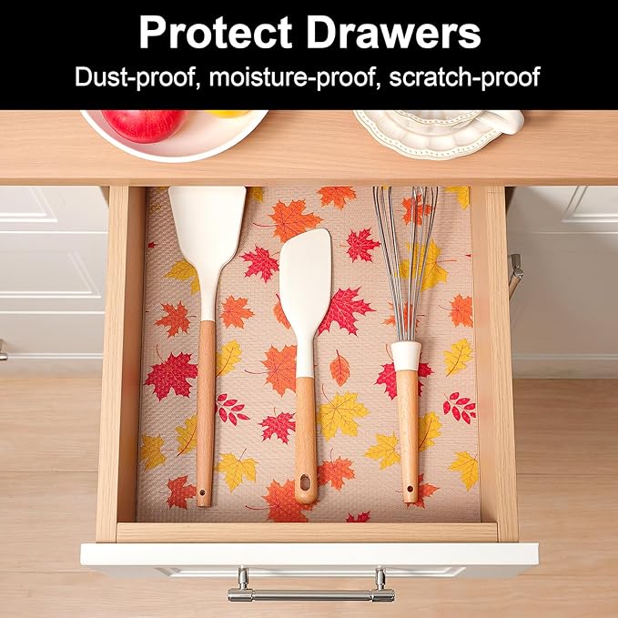 Cooyes Fall Maple Leaf Shelf Liner, Non-Adhesive Waterproof Drawer Liner, Easy-to-Cut EVA Shelf Paper for Kitchen Cabinets, Refrigerator, Cupboard, and Dresser, Fall Kitchen Decor （11.8" W x 118" L）