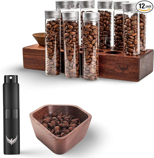 Coffee Storage and Dosing Cup Set - Single Dose Glass Tubes with Wooden Stand, Walnut Dosing Tray, and RDT Spray Bottle - Premium Coffee Preparation Set
