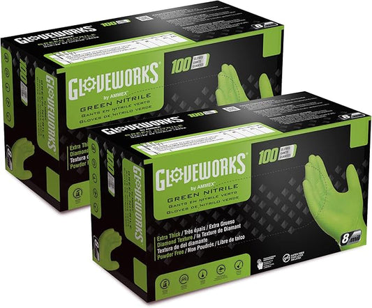 GLOVEWORKS HD Green Gloves, 8 Mil Nitrile Disposable Heavy Duty Raised Diamond Grip Mechanic Glove, Bulk Purchasing Options