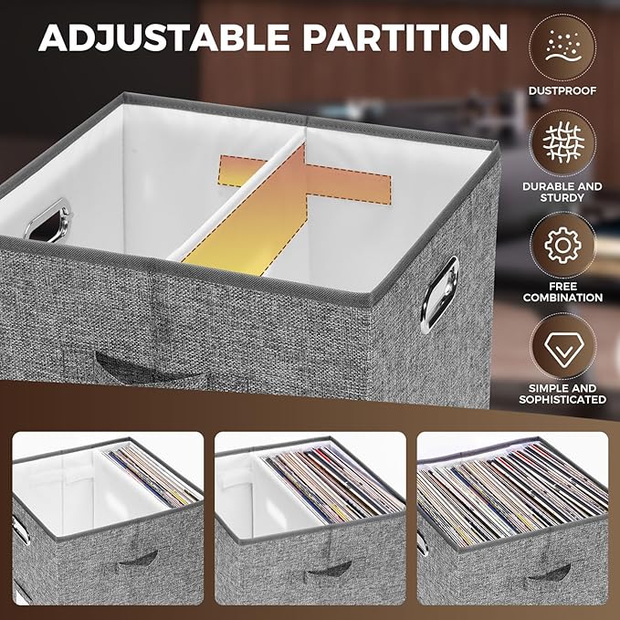 Sturdy Vinyl Record Storage Box - Album Storage Holds up 50+ Single Record, LP Storage Organizer Crate With Lid, Decorative Moving Box For Records, Solutions to Protect Your Precious Collection Grey