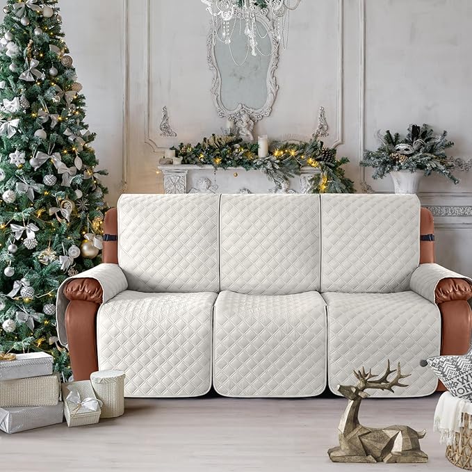 Ruaozz Waterproof Recliner Couch Covers, Sofa Slipcovers Washable 1-Piece Recliner Covers Non-Slip Furniture Protector with Elastic Straps Pocket for Kids Pets(Beige, 3 Seater)