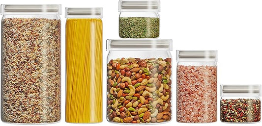 Pyrex 6-Pack Glass Canister Set - Dry Food Storage Containers with Lids for Kitchen and Pantry Organization