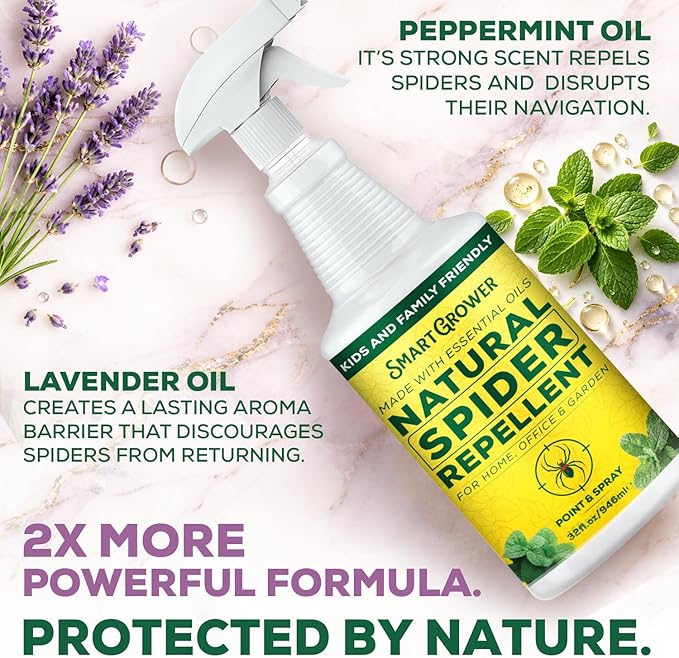 Natural Spider Repellent Spray – Indoor Spider Spray with Peppermint & Lavender, Family & Pet Friendly – Fresh Scent Spider Remover for Bedrooms, Bathrooms, Closets & Corners 32oz Ready to Use