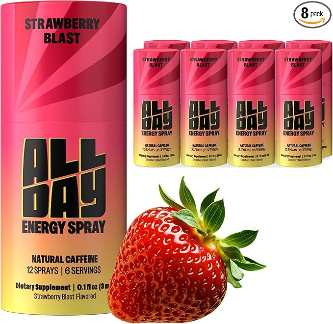 ALLDAY Focus + Energy Spray | Natural Caffeine + L-Theanine + Essential Vitamins | 0 Calorie, 0 Sugar | 12 Spray Bottle | Faster, Cleaner, Smoother Energy (8 Pack Strawberry)