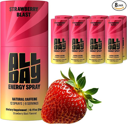 ALLDAY Focus + Energy Spray | Natural Caffeine + L-Theanine + Essential Vitamins | 0 Calorie, 0 Sugar | 12 Spray Bottle | Faster, Cleaner, Smoother Energy (8 Pack Strawberry)