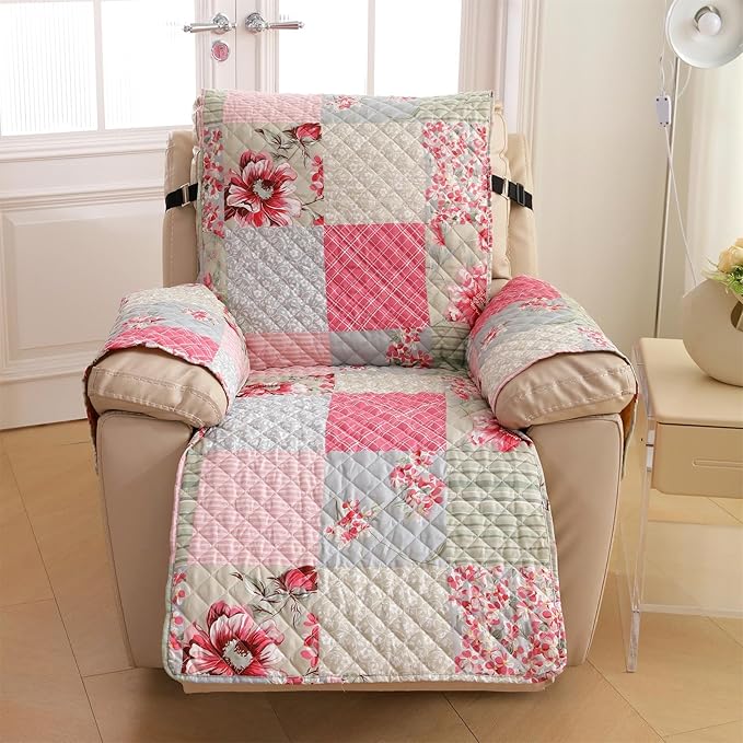 Cmfshape Skidproof Sofa Cover-Patchwork Sofa Slipcover with Elastic Straps-Easy Fit Slip Cover-Rose Washable Furniture Protector for Pets and Kids(Recliner,Pink&Grey)