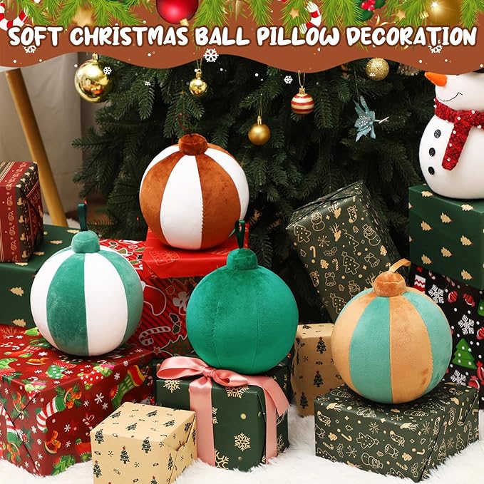 2 Pcs Christmas Pillows 7 Inch Round Christmas Ornament Shaped Throw Pillow Cute 3D Ball Xmas Throw Cushion Decoration for Bed Couch Sofa Chair Living Room(Dark Green, Brown and Beige)
