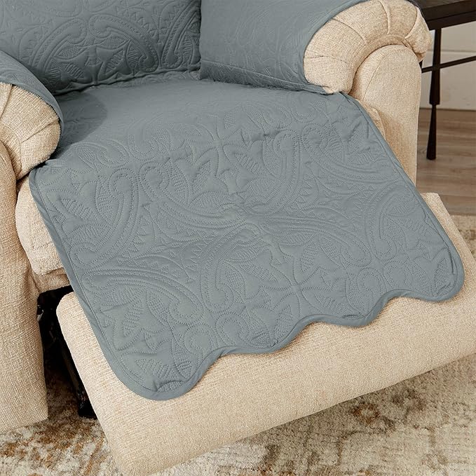 Reversible Recliner Chair Cover - Washable Slipcover Furniture Protector with Elastic Straps - Furniture Cover for Dogs, Kids, and Pets - Quilted & Stitched Detail (Recliner, Mirage Gray / Flax)