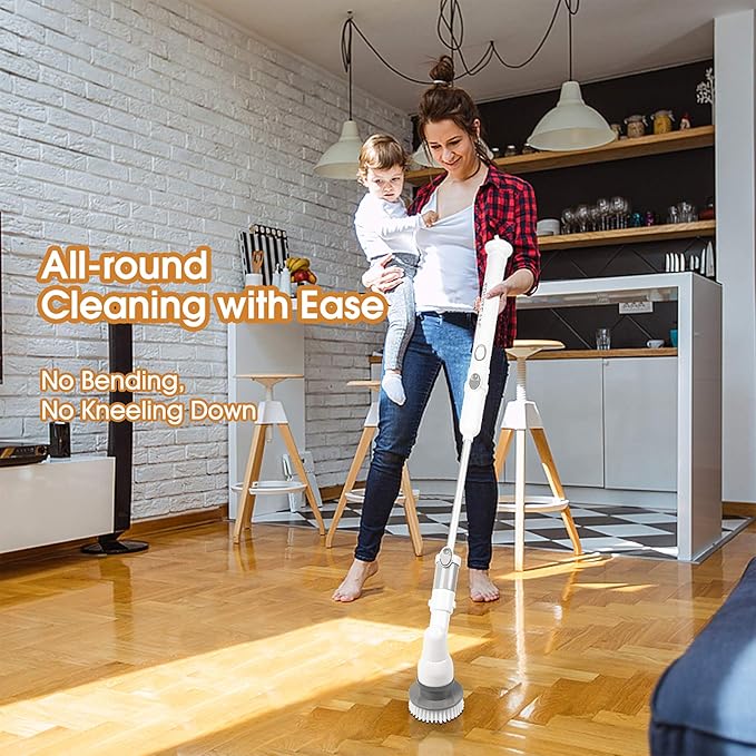 FRUITEAM Electric Spin Scrubber Cordless Super Power Scrubber, Upgraded Tub and Tile Scrubber, Surface Cleaner with 3 Replaceable Brush Heads and 1 Extension Arm for Bathroom/Kitchen/Tub/Tile