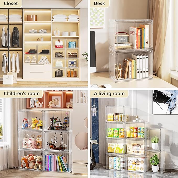 5 Pack Stackable Storage Bins with Lids, White Plastic Storage Container with Clear Lids, Clear Display Case with Magnetic Door for Purse, Handbag, Figure, Collectibles, Doll, Bag, 14.2"x8.66x10.6"