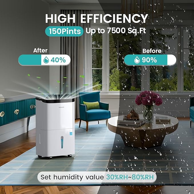Kesnos 150 Pints 2025 Energy Star Dehumidifier for Home, Basement with Drain Hose & Large Tank, Ideal for Spaces up to 7,500 Sq. Ft. - Portable Commercial Dehumidifier with Auto Defrost & Self-Drying