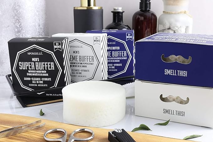 SPONGELLÉ Men’s Supreme, Super and Extreme Buffer Set | Dual-Sided Scrubber & Body Wash Infused | Deep Cleansing & Exfoliating | 20+ Washes
