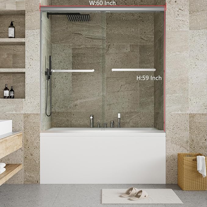 Shower Doors Glass Sliding 56-60 Inch W× 59 Inch H– Brushed Nickel Frame Sliding Glass Shower Door for Bathtub Use, 6mm Tempered Glass, Modern Shower Enclosure for Small Bathroom Upgrade
