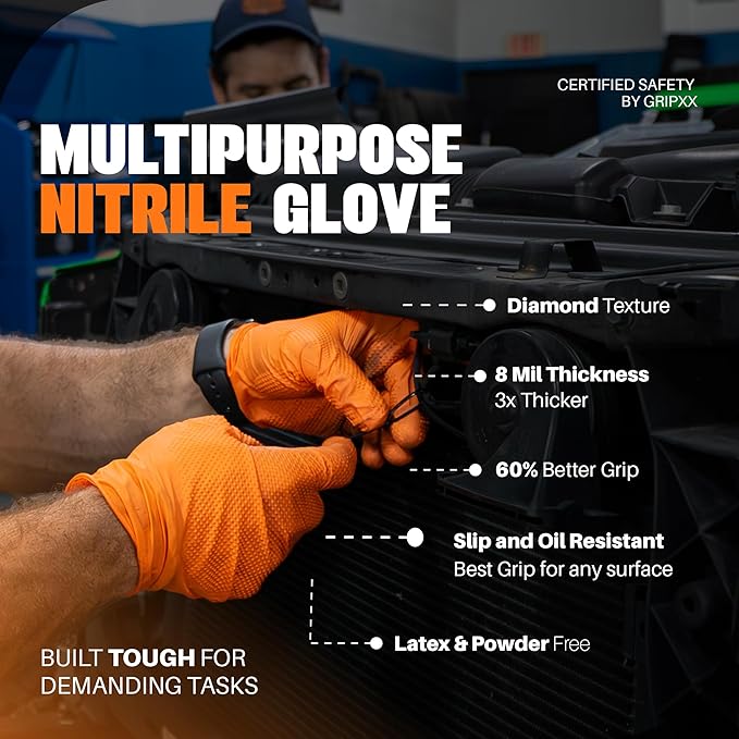 Herkules Grip Heavy Duty 8Mil Orange Nitrile Gloves,3D Raised Diamond Texture-Latex & Powder Free-Industrial, Mechanic (2, Small)