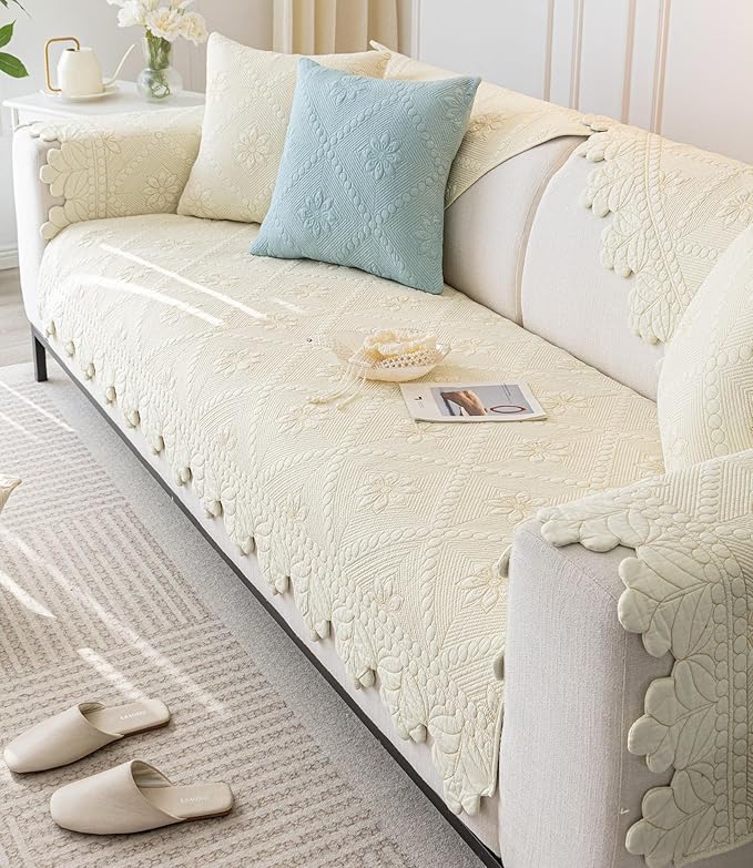 Cotton Quilted Dog Couch Cover for Sofa Farmhouse Rustic Embroidery Sectional Couch Cover Soft Anti-Slip Sofa Slipcover Furniture Protector for Kids, Pets (Ivory,28"x82")
