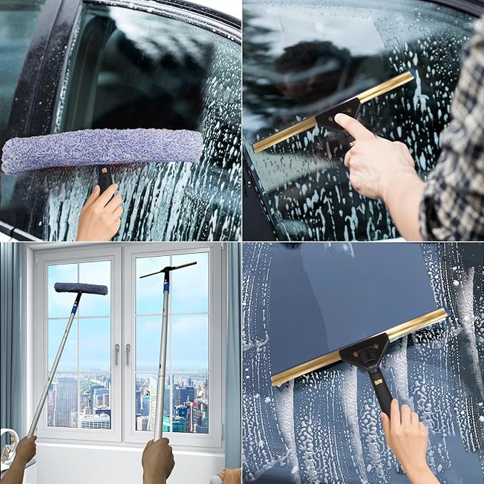 Window Cleaning Kit,Window Washing Kit with 4.13Ft Extension Pole,Window Cleaner Tool with 4 Stage Telescoping Pole, A Silicone Scraper and 2X Microfiber Scrubber Sleeves