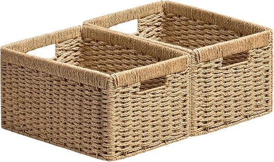 joybest Medium Wicker Baskets, Woven Paper Rope Storage Baskets for Organizing, Rectangular Storage Bins for Shelves with Handles for Pantry, 13.4L x 8.3W x 7.1H inch, 2-pack Natural