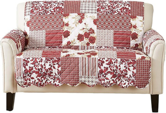 Great Bay Home Reversible Patchwork Loveseat Cover - Washable Slipcover Furniture Protector with Elastic Straps - Couch Cover for Dogs, Kids, and Pets - Box-Stitched Detail (Loveseat, Burgundy)