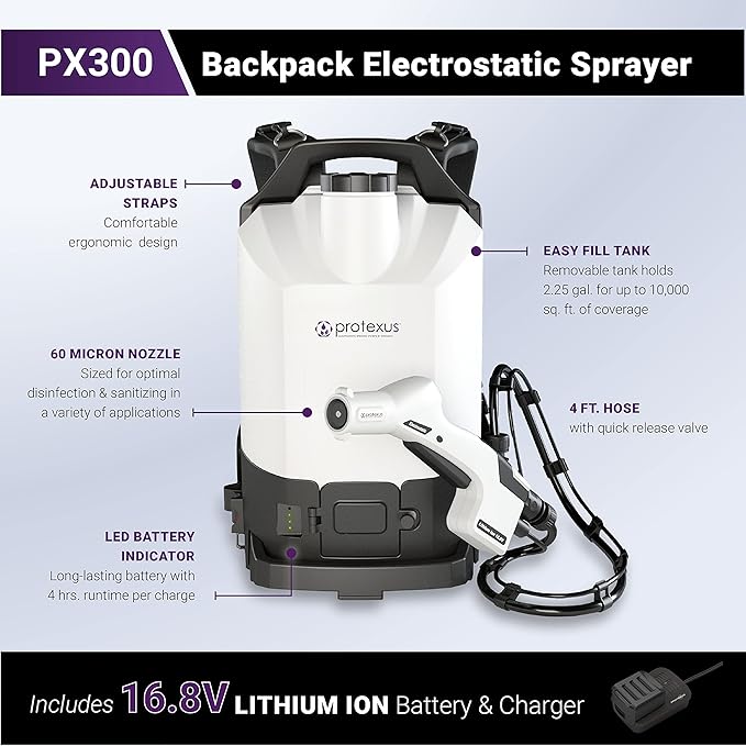 EvaClean Protexus PX300 Backpack Electrostatic Sprayer Cordless Coverage, 4hr Rechargeable 16.8V Battery - 4 Ft Hose, 2.25 Gallon Tank, 60-Micron Nozzle