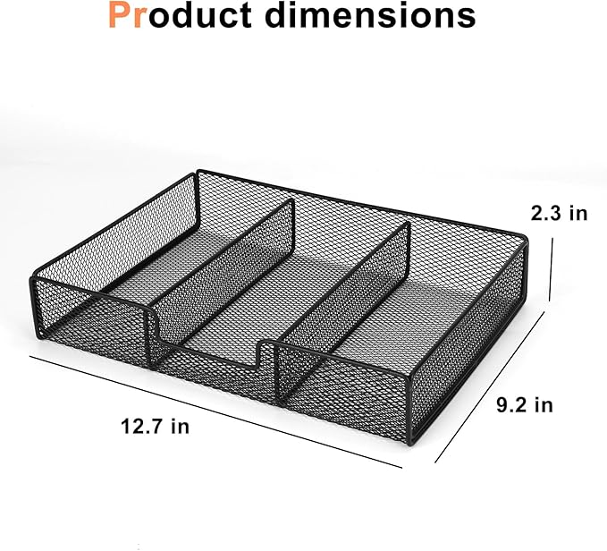 Desk Drawer Organizer, Office Junk Drawer Organizer Tray with 3 Compartments, Metal Mesh Pen Pencil Storage Box for School Office Desk Accessories Supplies Cosmetic Organization, 12.59x9.25x2.36 in