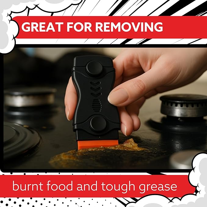Mighty Melt Multi-Surface Plastic Scraper Tool - Non-Scratch - for Removing Burnt Food, Tough Stains & Stickers from Glass, Ovens, & More - Adhesive Remover - 10 Metal & 10 Plastic Blades