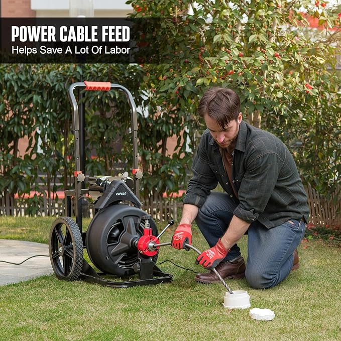 100 ft x 1/2 inch POPULO Auto Feed Electric Drain Snake Auger for 2 to 4 Inch Pipes, Sewer Plumbing Snake Auger, Heavy Duty Drain Cleaner Machine with 8 Cutters & 1 Root Killer & Gloves