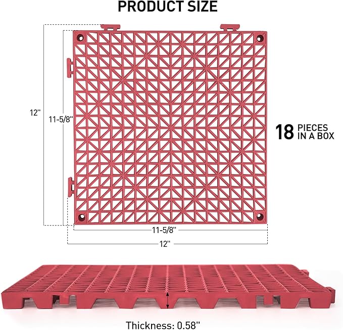 MAXWAVE 18 Pack 12" x 12" Modular Interlocking Floor Mats, Soft PVC Non-Slip Drainage Tiles, Splicing Rubber Cushion Flooring for Deck, Shower, Pool, Basement, Shed, Indoor and Outdoor Use