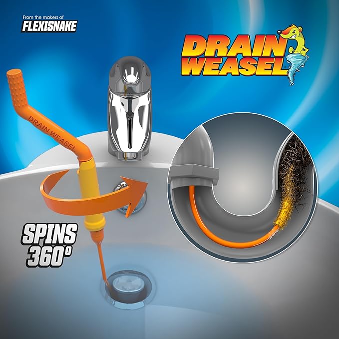 FlexiSnake Drain Weasel Sink Snake Hair Clog Remover Tool and Disposal Pods Cleaner/Deodorizer. Includes 5 Wands, Removable Handle and Pack of 5 Fresh Lemon Scent Pods