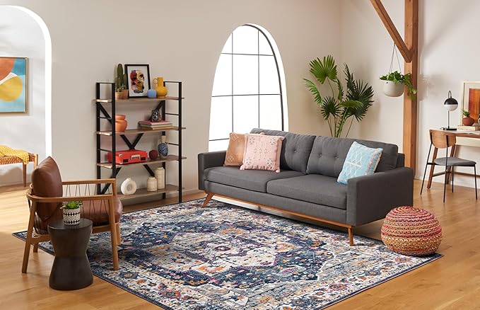 SAFAVIEH Evoke Collection Area Rug - 9' x 12', Navy & Grey, Oriental Medallion Distressed Design, Non-Shedding & Easy Care, Ideal for High Traffic Areas in Living Room, Bedroom (EVK275N)