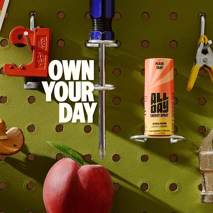 ALLDAY Focus + Energy Spray | Natural Caffeine + L-Theanine + Essential Vitamins | 0 Calorie, 0 Sugar | 12 Spray Bottle | Faster, Cleaner, Smoother Energy* (4 Pack Peach)