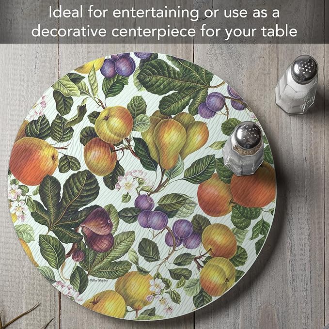 CounterArt Fruit Blossoms 4mm Tempered Glass Lazy Susan Turntable 13" Round Condiment Caddy Cake Plate Pizza Stand