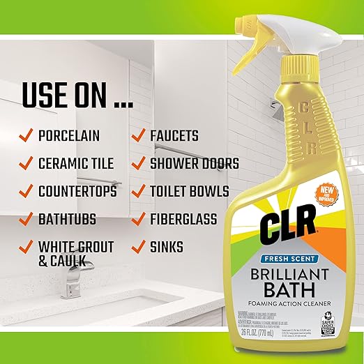 CLR Brilliant Bath Foaming Bathroom Cleaner Spray, 26 Ounce Bottle (Pack Of 2) & Casabella Smart Scrub Heavy Duty Tile and Grout Cleaning Brush, Gray, Grey/Aqua (15933)