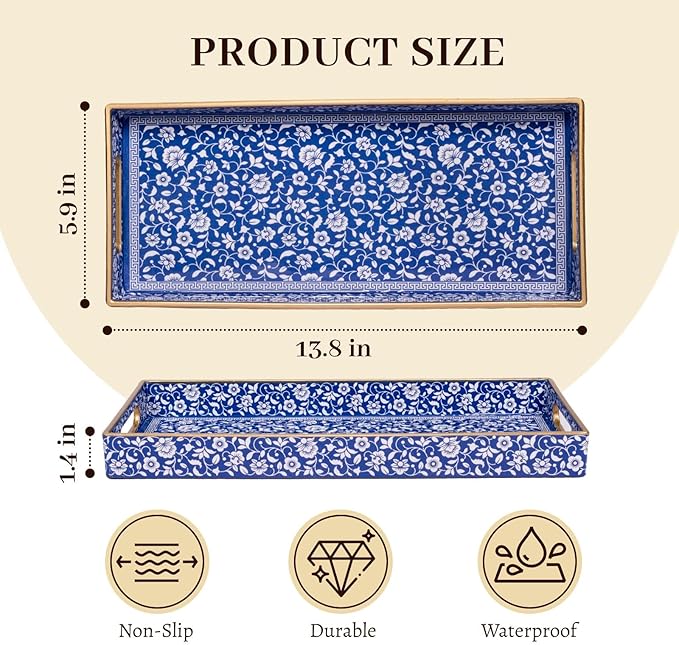MAONAME Blue Vanity Tray, Bathroom Counter Tray, Plastic Decorative Trays with Handles, Storage Dresser Trays Organizer for Toilet Tank, Jewelry, Makeup, 13.8" x 6" x 1.57"