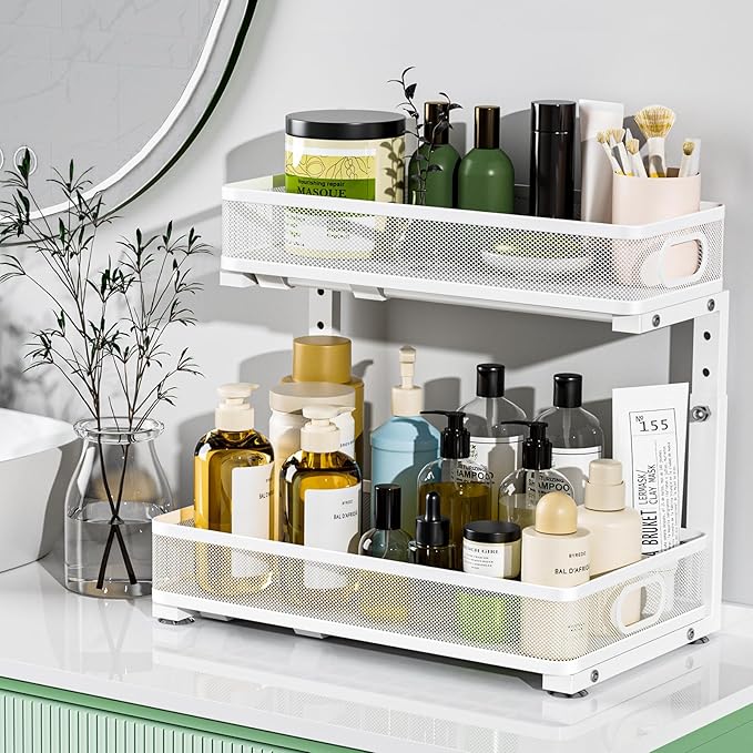 Under Sink Organizer, Height Adjustable 2 Tier Under Sink Organizers and Storage, Slide Out Metal Cabinet Organizers, Pull Out Sink Storage Drawer Shelf for Kitchen Bathroom Cabinet, White, 1 Pack