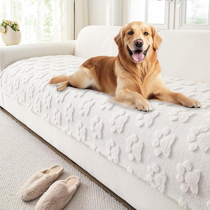 Waterproof Couch Cover for Dogs Washable,Fuzzy Pet Couch Covers for Sofa,Thick Soft Dog Mat Non-Slip Couch Covers for 3 Cushion Couch Sofa Pet Friendly (White, 35 * 95(1pc))
