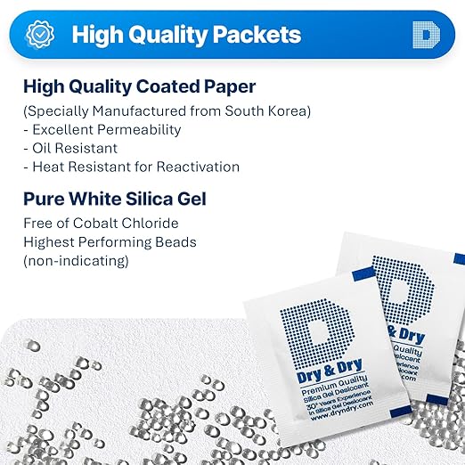 Dry & Dry 3 Gram [50 Packets] Silica Gel Packets Silica Gel Desiccants, Silica Gel Packs - Rechargeable (Food Safe) Silica Gel Packets, Silica Packets
