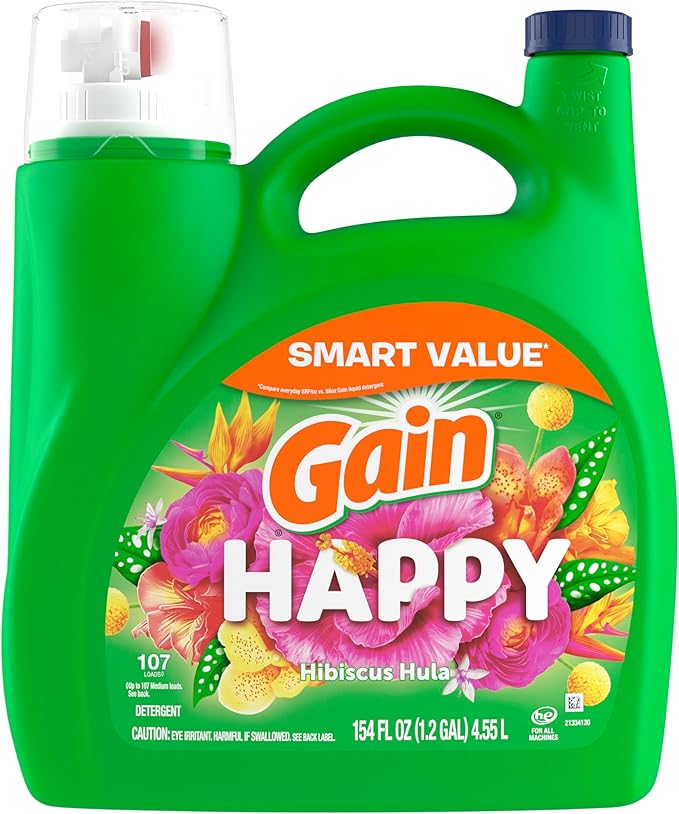 Gain Liquid Laundry Detergent, Happy, HE Compatible, 154 fl oz, 107 Loads
