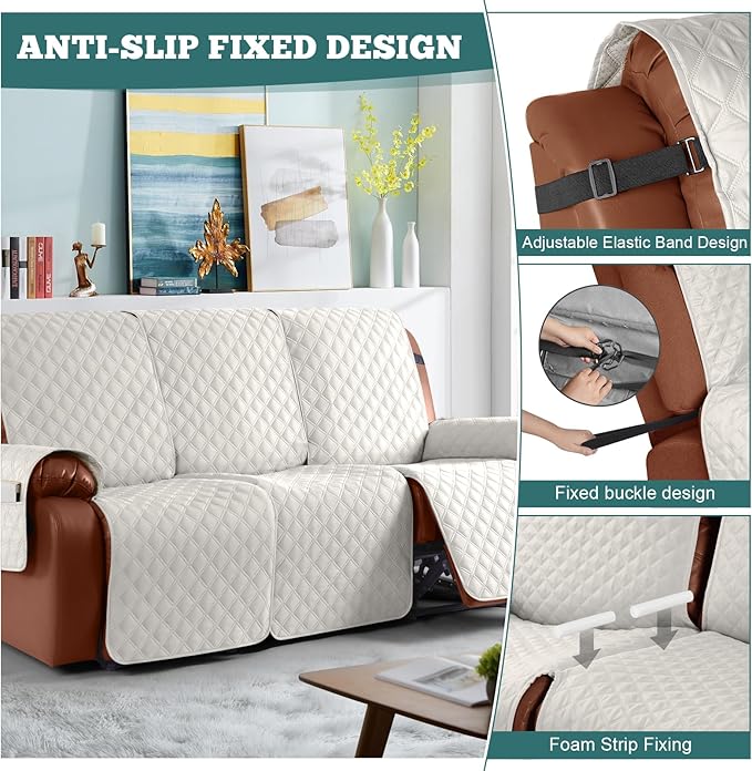 Ruaozz Waterproof Recliner Couch Covers, Sofa Slipcovers Washable 1-Piece Recliner Covers Non-Slip Furniture Protector with Elastic Straps Pocket for Kids Pets(Beige, 3 Seater)