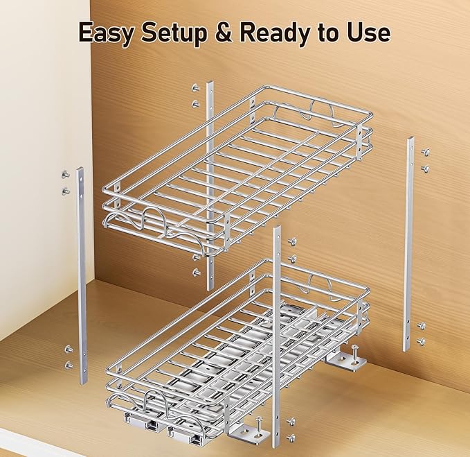 2 Tier Pull Out Spice Rack Organizer for Cabinet，Heavy-Duty Slide Rails with Raised Base Pull Out Spice Drawer Organizer, Fits Pantry & Kitchen Cabinets, 5.5''Wx10.63''Dx10.04''H