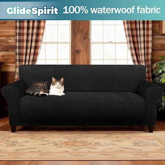 Waterproof Stretch Spandex Chair Sofa Slipcover - Non-Slip Soft Couch Cover with Elastic Bottom, Washable Leakproof Furniture Protector for Kids, Pets, Dogs & Cats (Chair, Black)
